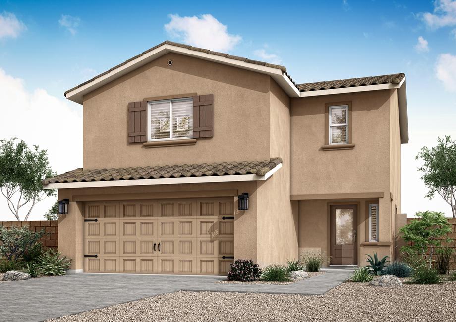 Two-story floor plan with beautiful landscaping.