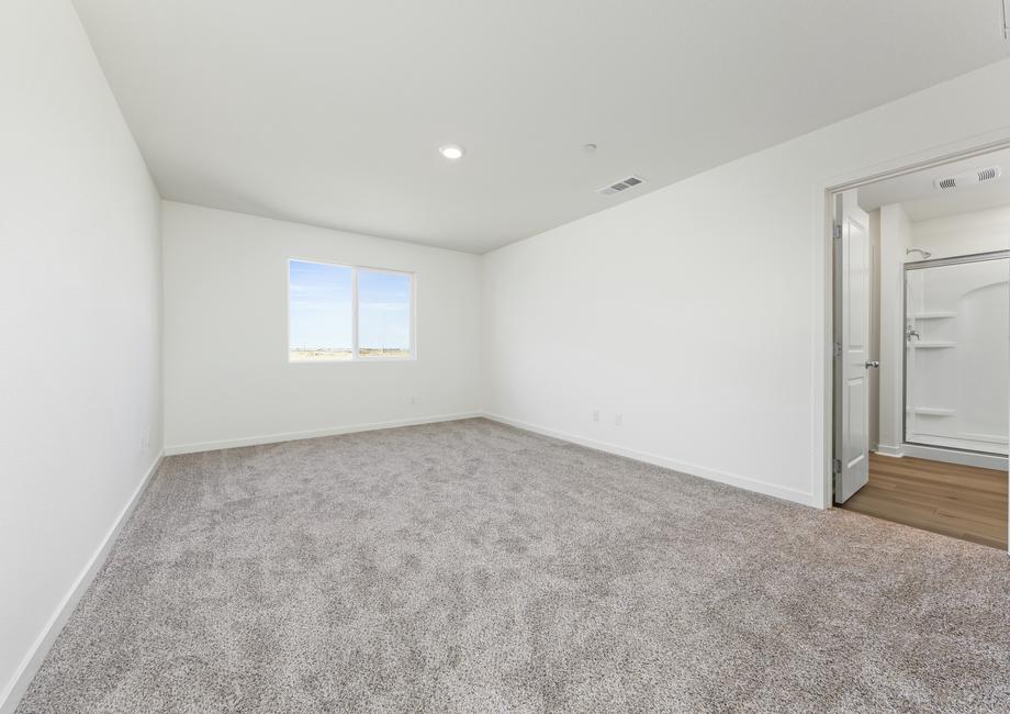 The master bedroom is spacious and has carpet. 