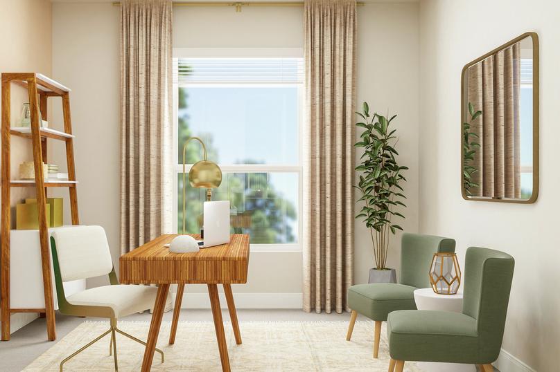 Rendering of the flex room that has been
  converted into an office with desk and swivel chair in front of two large,
  open bookcases. Two matching armchairs sit next to a window.