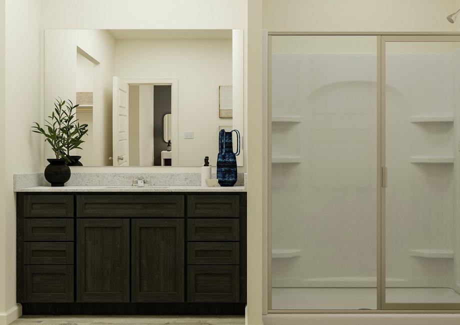 Rendering of the master bath showing the
  brown cabinet vanity next to the spacious walk-in shower.