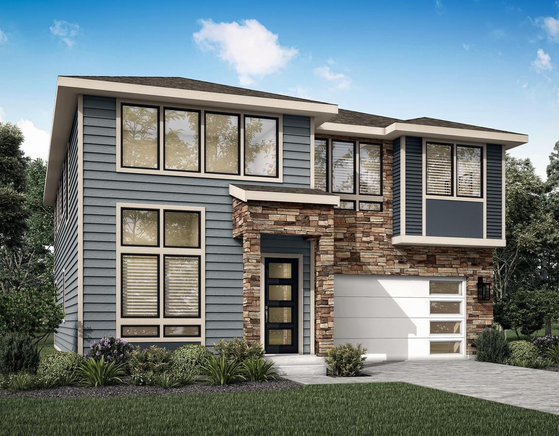 Two-story Macchiato elevation rendering with stone accents.