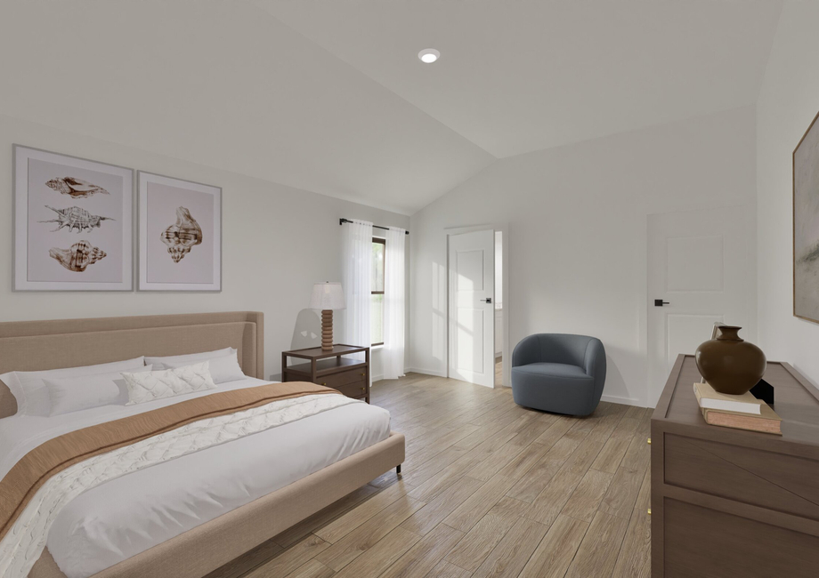 A cozy bedroom with a beige and white color scheme. Features a neatly made bed, wooden nightstands with lamps, framed seashell art.