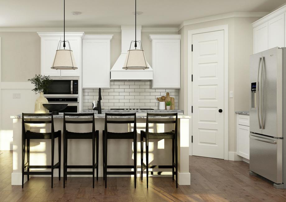 Rendering of kitchen with four dark
  stools at the counter and white cabinetry