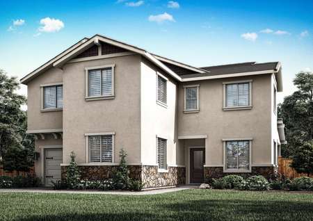The Cameron is a beautiful two story duet home with stucco, stone and white accents.