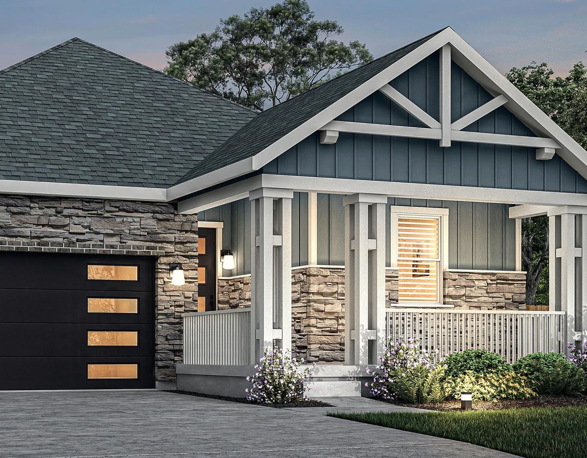 Exterior rendering of the gorgeous one-story Breckenridge floor plan during dusk.