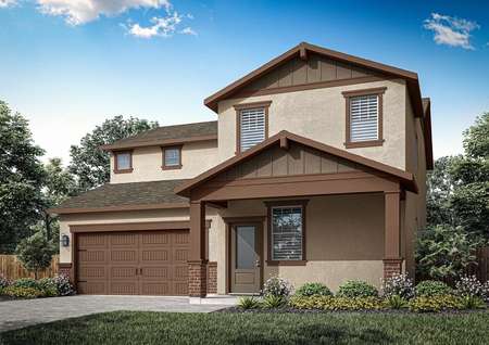 The Stinson is a beautiful two-story home with stucco.