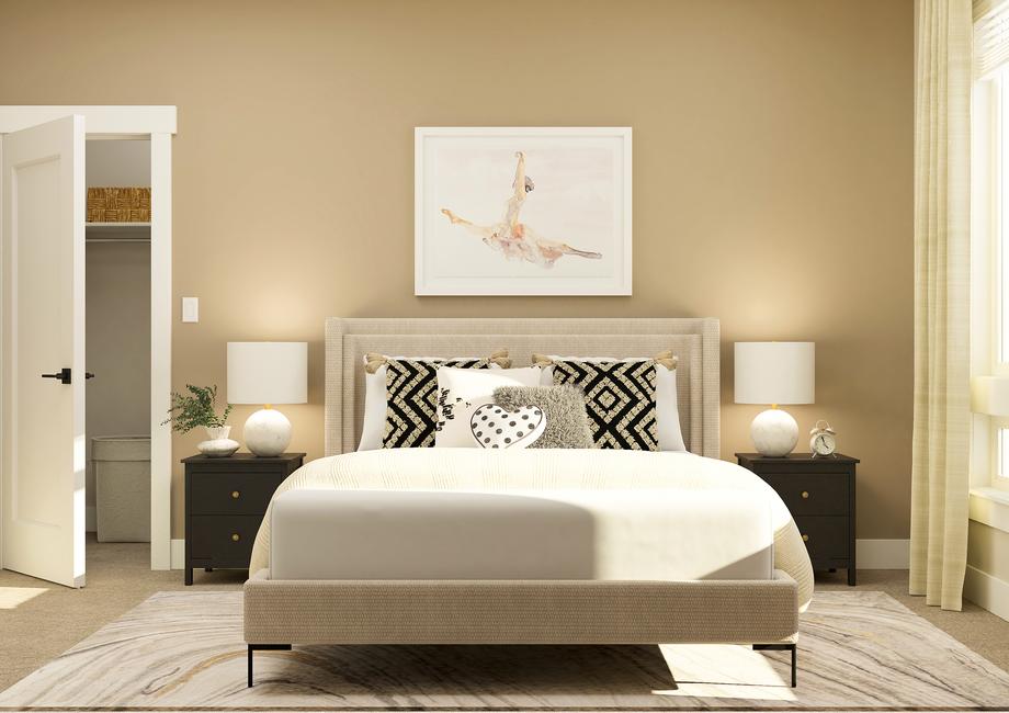 Rendering of a bedroom furnished with a
  large white bed and two side tables.Â 