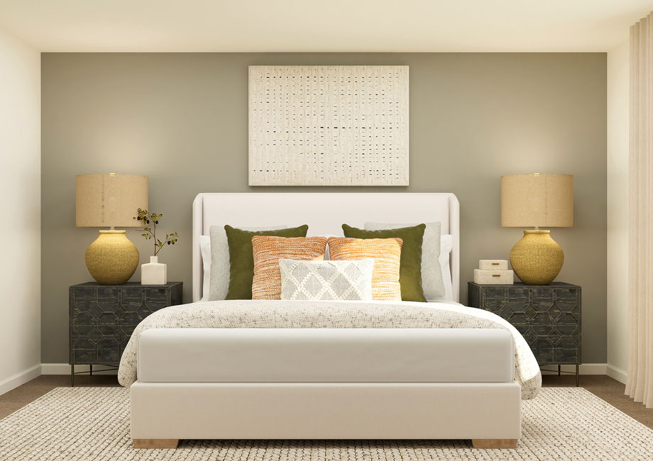 Rendering of a bedroom furnished with a large bed