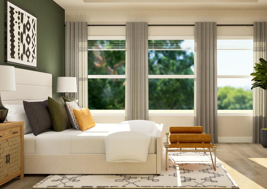 Rendering of the spacious master bedroom
  highlighting the wall of windows that allow plenty of natural light. A bed,
  two nightstands, a bench, dresser and potted tree furnish the room.