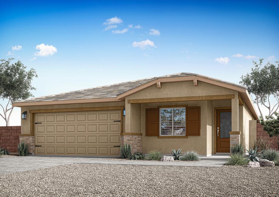 Rendering of the Payson with a stucco exterior and brown shutters.