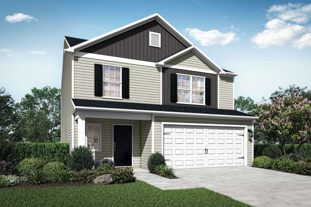 The Camden exterior with tan siding, dark shutters and a two-car garage.