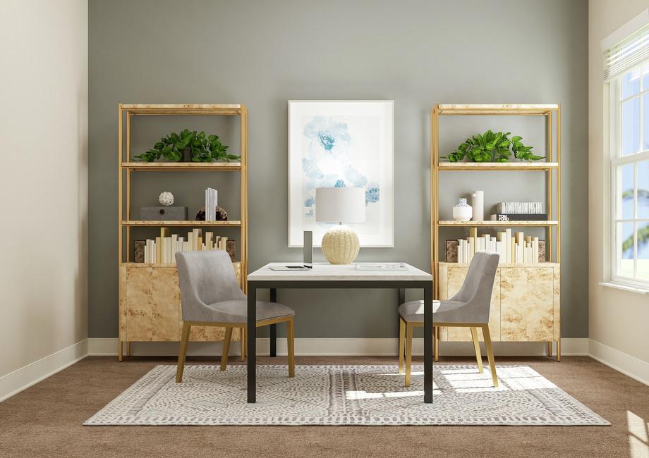 Rendering of flex room showing a white
  table with chairs between two matching shelving structures in front of a grey
  accent wall with tan carpet flooring throughout.