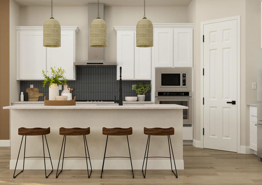 Rendering of the gorgeous kitchen in the Iris. The space has a large island with four barstools, white cabinetry, stainless steel appliances, tile backsplash and a vent hood.