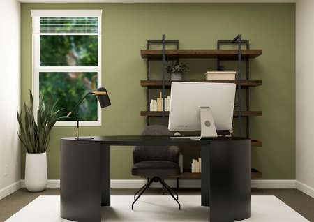 Rendering of office furnished with large desk and shelves on the wall. 
