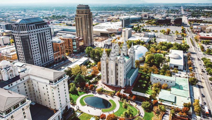 Aerial view of Temple Square in Salt Lake City, Utah.