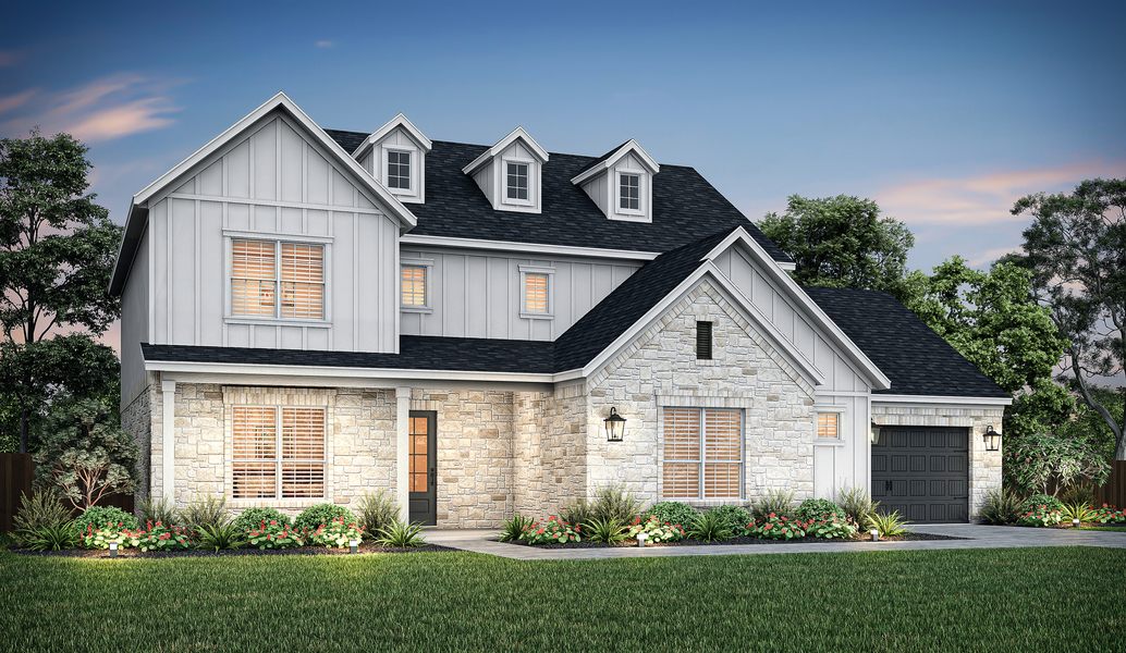 Dusk exterior elevation of the Newton B.