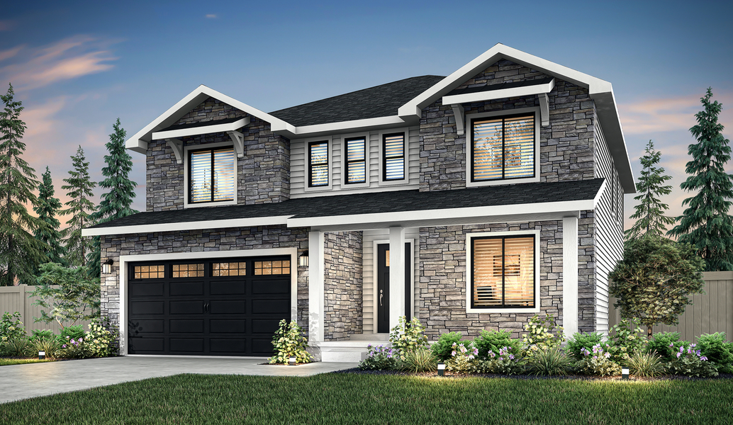 The Mahogany is a beautiful two-story stone home with siding detailing and an attached, two-car garage.