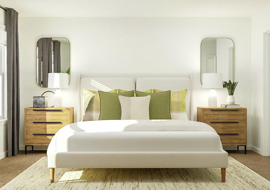 Rendering of the spacious master bedroom
  with a large window, spacious bed and two nightstands.