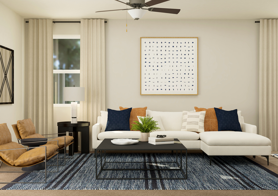 Rendering of a
  living room furnished with a white sectional and two side chairs. There is
  also a black coffee table in front of the couch.