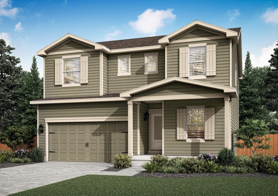 Rendering of the two-story Columbia II, with a covered front porch and two-car garage.