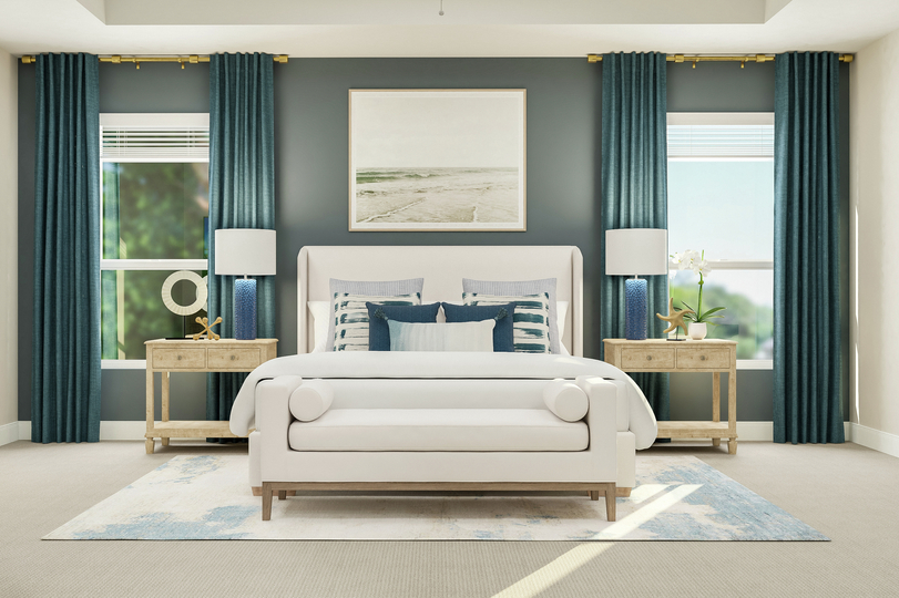 Rendering of the spacious master bedroom
  focused on the large bed and accent wall. Additional furnishings include
  nightstands, table lamps, bench and floor-to-ceiling curtains.