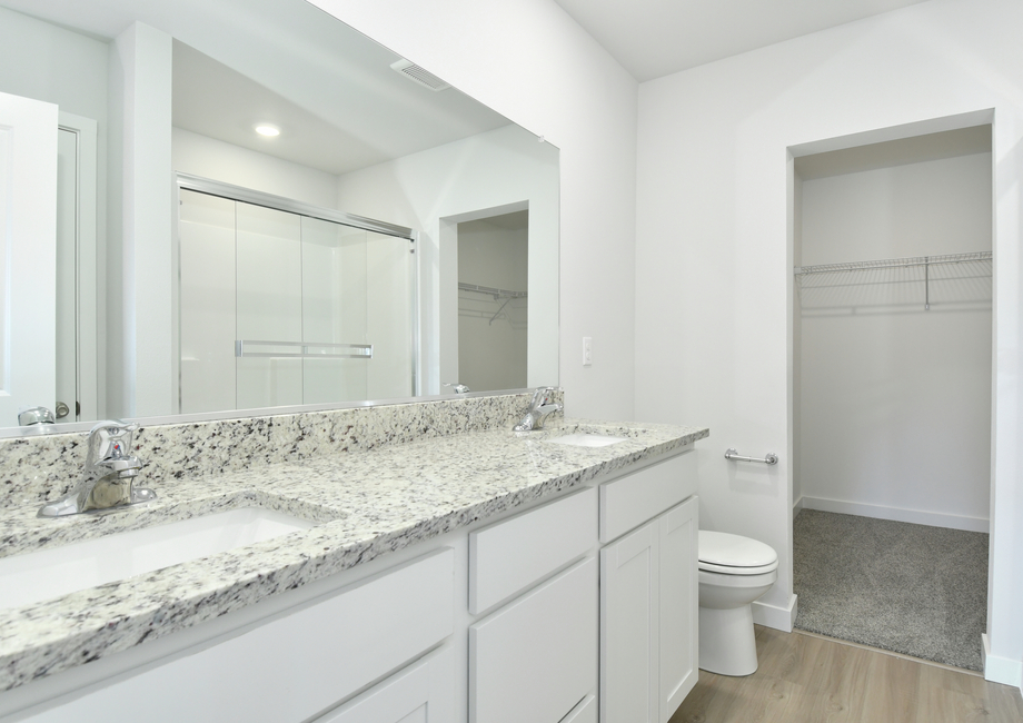 The master bathroom has a dual sink vanity and a step in shower.