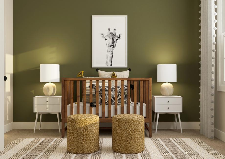 Rendering of bedroom showing a childs
  crib in between two white nightstands. This room is also furnished with two
  poufs.Â 