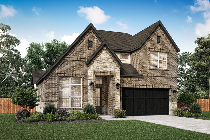 The Saurel plan has brown brick and light colored stone.