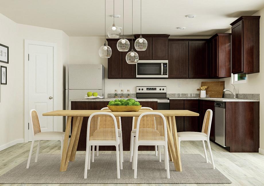 Rendering of the dining area furnished with a six-person table and decorative light fixture. On the left is a black-and-white gallery wall, on the right is the sliding glass door and behind it is the kitchen.