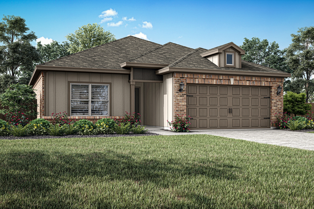 The Amelia is a beautiful, one-story siding home with brick details.