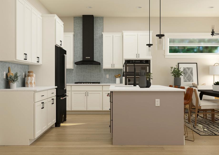 Rendering of kitchen showing white
  cabinetry and stainless steel appliances.