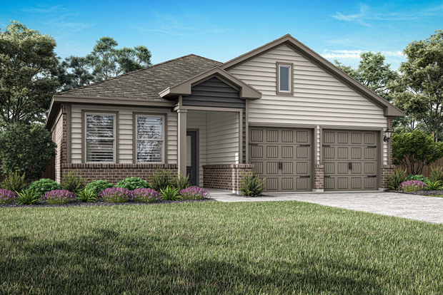 The Carson is a beautiful, one-story siding home with brick details.