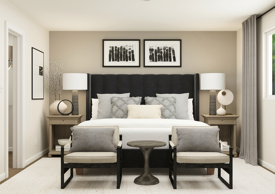 Rendering of a
  master bedroom with a large bed in between two side tables.