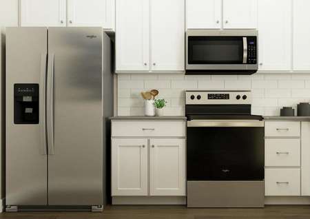 Rendering of kitchen with white cabinetry
  and stainless-steel appliances.