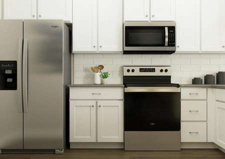 Rendering of kitchen with white cabinetry
  and stainless-steel appliances.