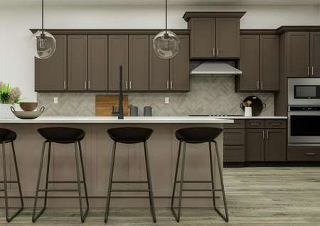 Rendering of the Thunderbird's designer
  kitchen featuring dark cabinetry, a large island with barstools, and
  stainless steel appliances. A view of the den is in the background.
