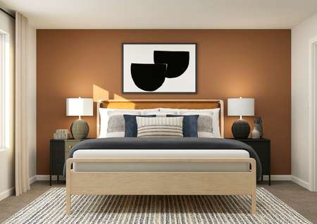 Rendering of a
  bedroom furnished with a large bed in the center of two side tables. The
  closet can be seen through an open door. 