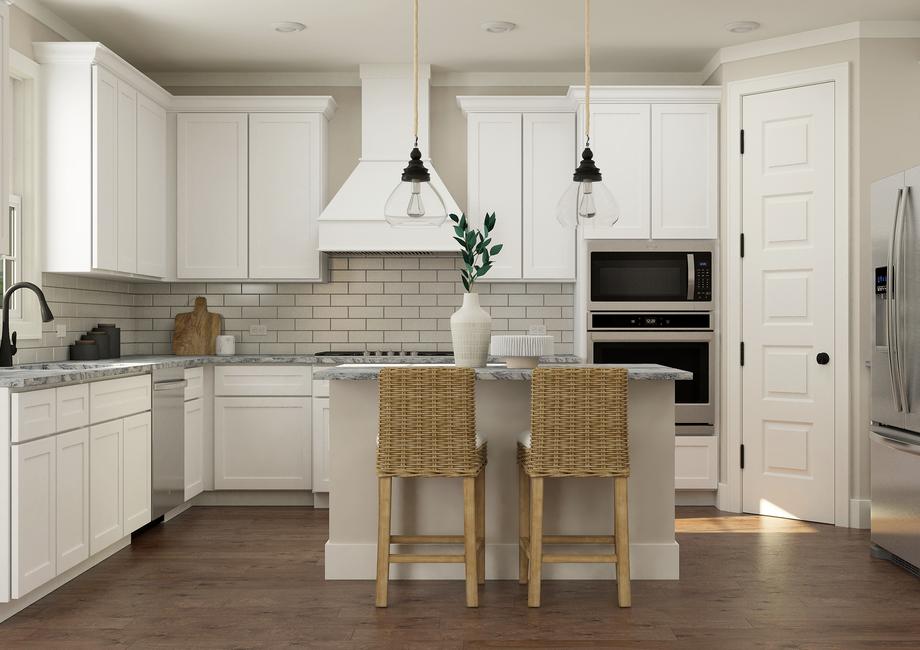 Rendering of kitchen with white cabinetry
  and stainless-steel appliances.Â 