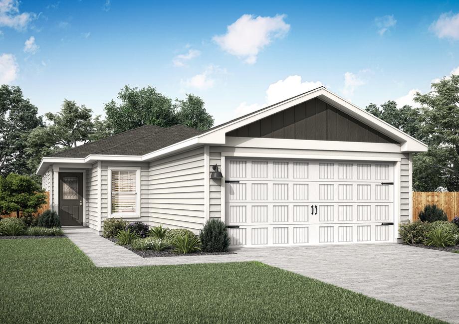 Rendering of the three-bedroom Acorn plan with a two-car garage.