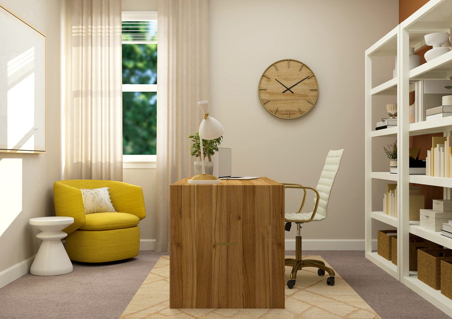 Rendering of office furnished with a
  wooden desk and a yellow chair in the corner