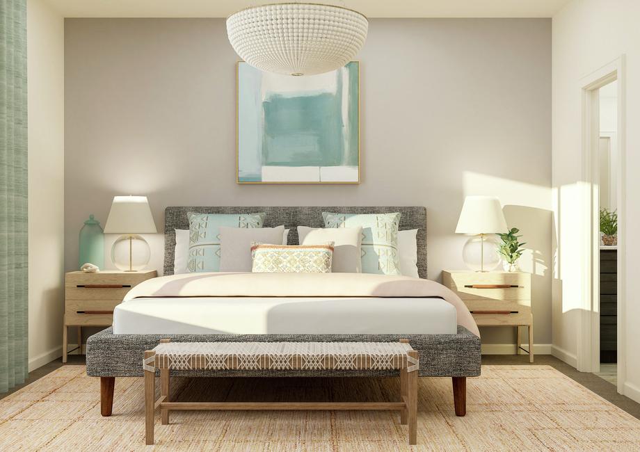 Rendering of the spacious master bedroom
  focused on the large bed between two nightstands.Â 