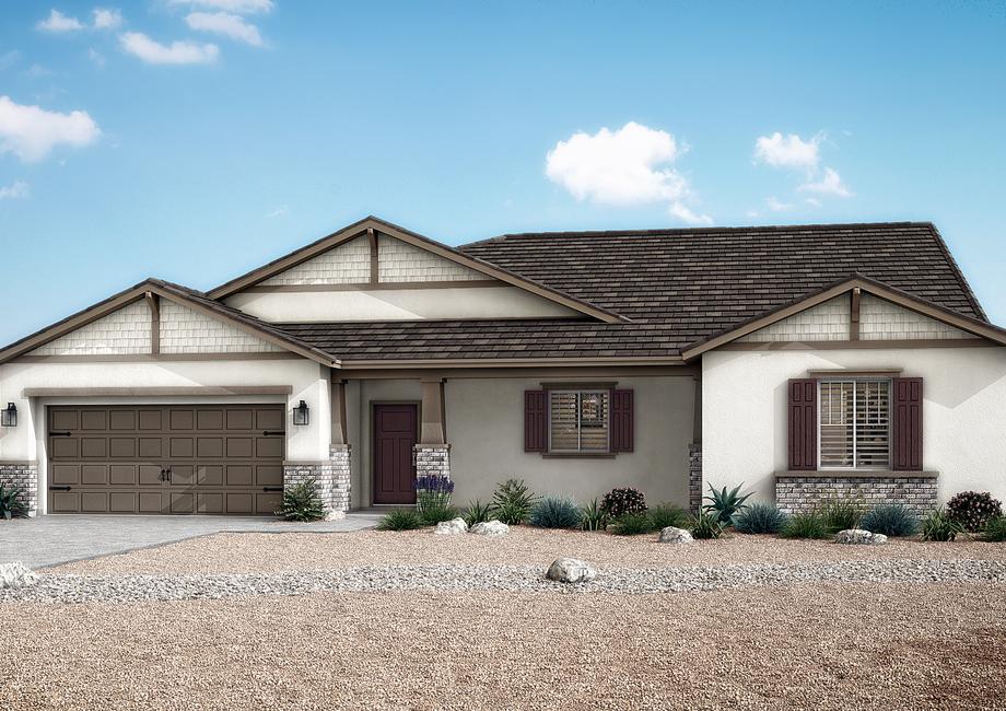 The Pismo plan has a stucco exterior with shake siding and brick detailing.