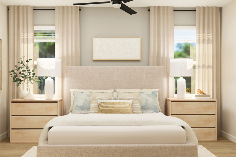 Rendering of a
  master bedroom furnished with a white bed and two sie tables. There are two
  large windows on either side of the bed.