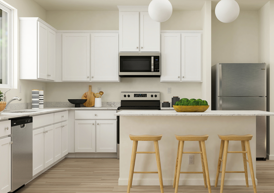 Rendering of a  kitchen with white cabinetry and stainless-steel appliances. There are three  wooden barstools at the counter.