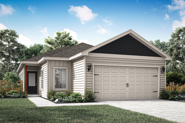 The Hawthorn floor plan is a one-story home with a siding exterior and cedar detail.