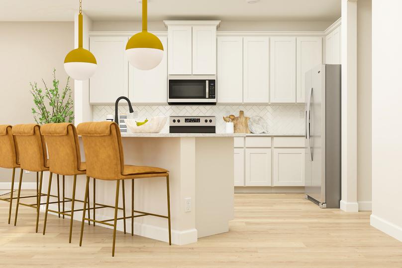 Rendering of the spacious kitchen
  featuring wood cabinetry, stainless steel appliances, and a large island with
  seating.