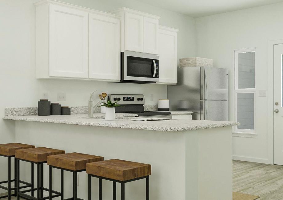 Rendering showing the light and bright
  kitchen with white cabinetry, light granite counters and stainless steel
  appliances. The space has light wood-style flooring and windows.