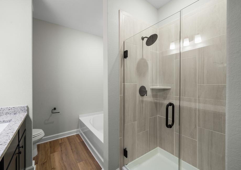The master bathroom has a luxury step-in shower and a soaker tub.