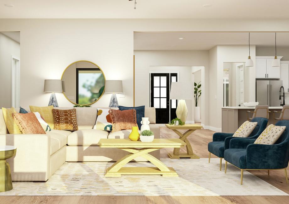 Rendering of the living room showing a
  sectional couch, coffee and side tables, 2 accent chairs and a view into the
  kitchen and entryway.