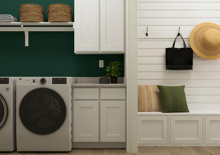 Rendering of the laundry room with
  built-in cabinetry and shelving. It is adjacent to the mudroom with built-in
  storage.